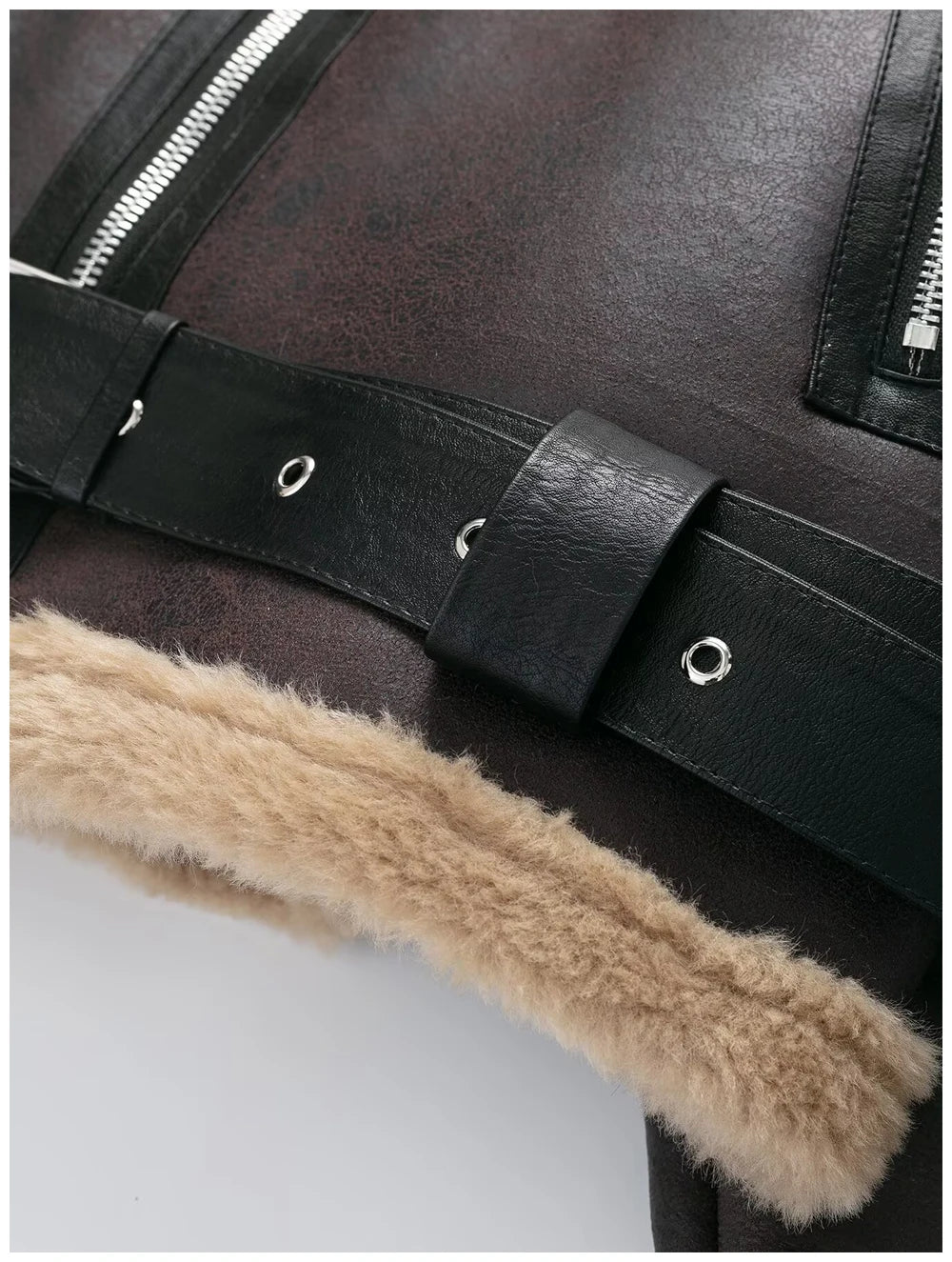 Womens Short Jacket With Leather And Plush Patchwork Belted Waist Zipper Pockets Retro Cool Commuter Jacket Woman Clothes Tops