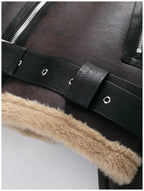 Womens Short Jacket With Leather And Plush Patchwork Belted Waist Zipper Pockets Retro Cool Commuter Jacket Woman Clothes Tops