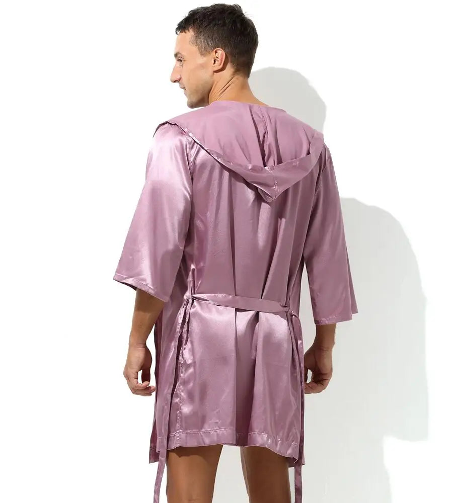 Sexy Sleepwear Men Robes Bathrobes Soft Silky Short Sleeve Nightgown Mens Homewear Dressing Gown Male Pajamas (No shorts)
