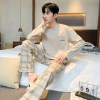 Plus Size Men Pajamas Striped Long Sleeve Long Pants Crew Neck Soft Breathable Teen Student Loungewear Two-Piece Cartoon Letter