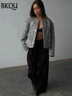 BKQU Tweed Sequined Jackets Women Casual Loose Round Neck Long Sleeved Cropped Silver Cardigan Autumn Female Warm Elegant Coats