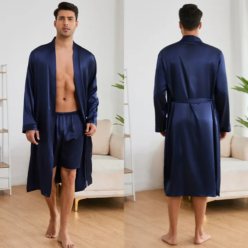 Male Robe Long-Sleeve Loose Bathrobe With Shorts Set Kimono For Man Autumn Comfortable Male Sleepwear