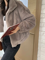Women Autumn Winter Thicken Warm Coat Stand-Collar Loose Fur Plush Zipper Jacket Soft Comfortable Casual Simple Solid Outerwear