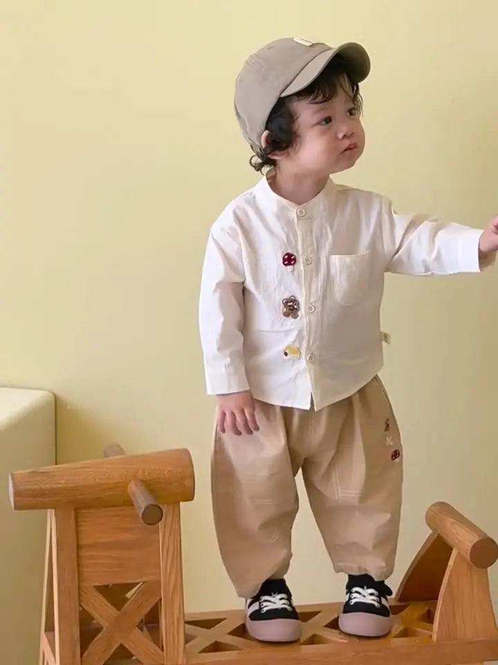 2025 Fall New Toddler Kids Pants Cotton Cartoon Embroidered Harem Pants Baby Boy Casual Striped Denim Baggy Trousers