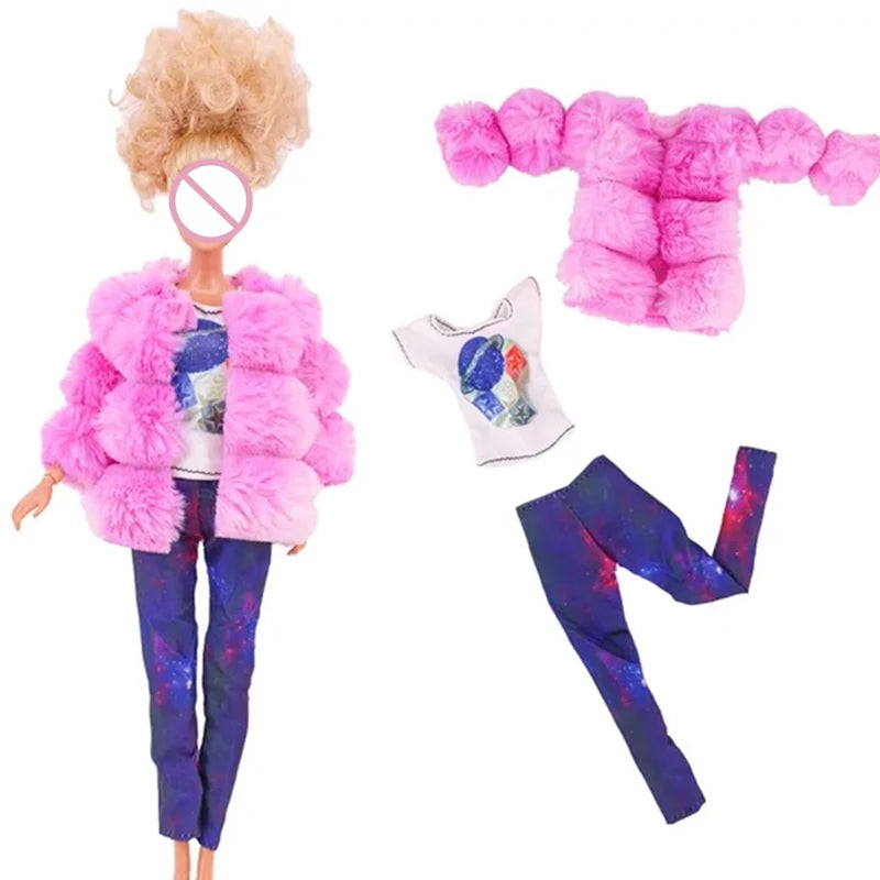 Girl Doll Clothes 3PcsPlush Coat Jacket+ Dress Skirt/ Pants Clothing for 30cm Doll Clothes Doll Accessories Girl`s Toy