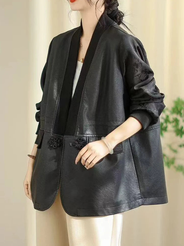 Amax LuluE Chinese 2025 Autumn Ladies Fashion Patchwork Faux Leather Jackets Womens Loose V Neck PU Coat Luxury Vintage Outwear