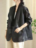 Amax LuluE Chinese 2025 Autumn Ladies Fashion Patchwork Faux Leather Jackets Womens Loose V Neck PU Coat Luxury Vintage Outwear