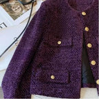 French Woolen Tweed Coat Small Fragrant O-neck Short Jacket Women High-end Metal Button Purple Tops Autumn Winter 012A