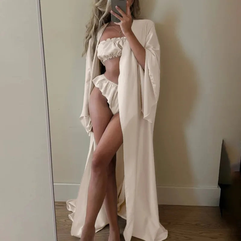 Women Pajamas 3 Piece Set Elegant Long Cardigan Robe + Strapless Tube Top + Shorts Set Loungewear Homewear Household Clothes