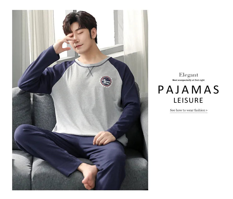 Fashion Lounge Pajamas Sets Men's Spring New Long-sleeved Tops with Trousers Cotton Homewear Comfort Simple Sleepwear Two Pieces