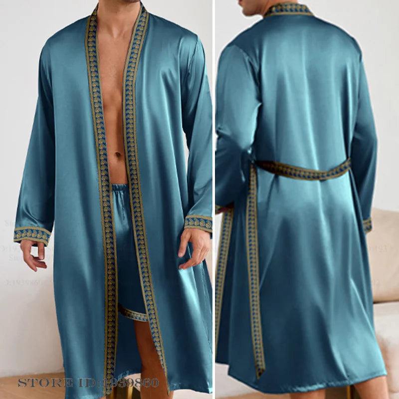 Men Long Robe Pajamas Set Baroque Style Kimono Bathrobe Gown Spring Summer Male Sleepwear Home Clothing Rayon Loungewear Pijamas