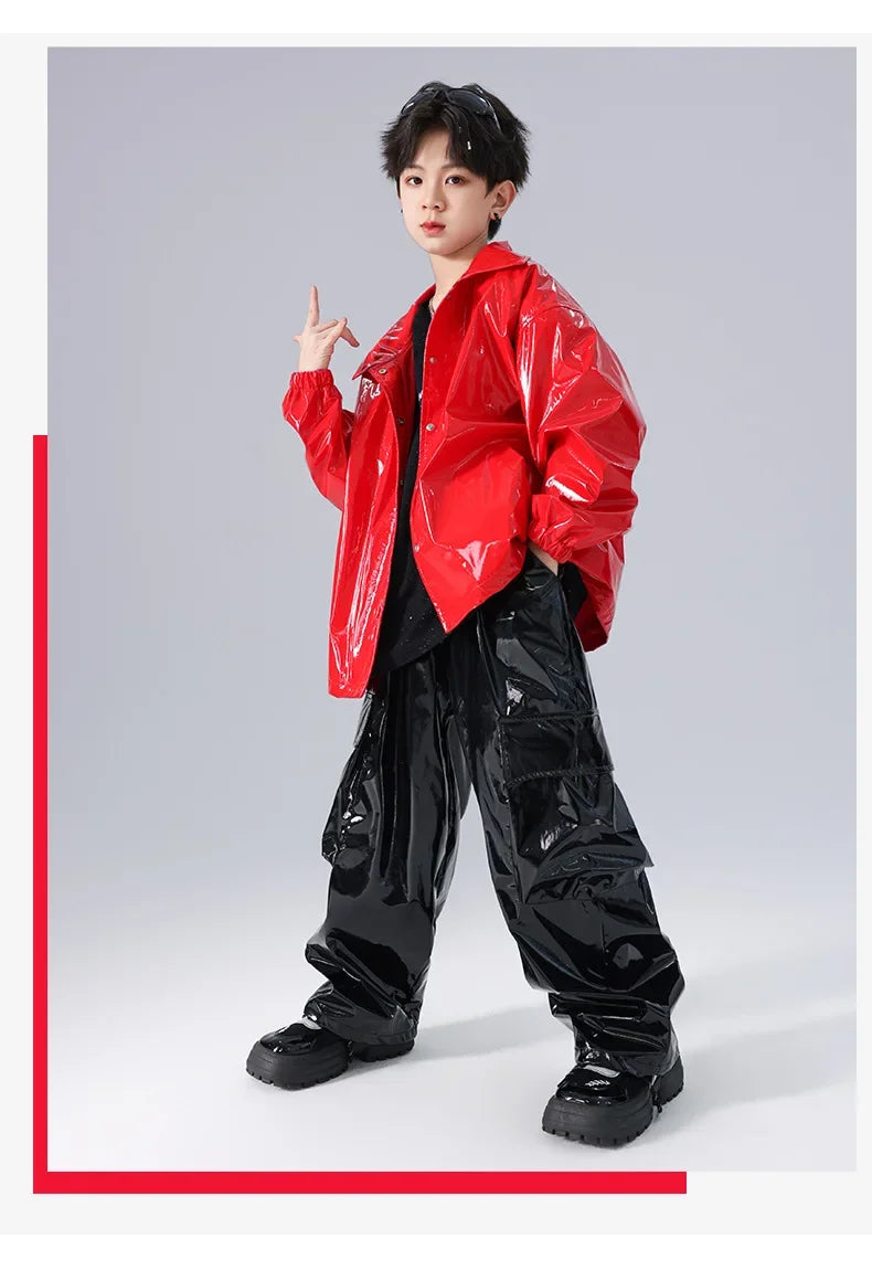 Boys K-pop Fashion Leather Jacket Street Dance Cargo Pants Girl Hip Hop Streetwear Kids Children Jazz Shiny Costume Clothes Sets
