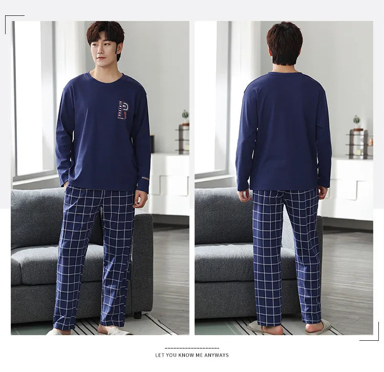 Fashion Lounge Pajamas Sets Men's Spring New Long-sleeved Tops with Trousers Cotton Homewear Comfort Simple Sleepwear Two Pieces