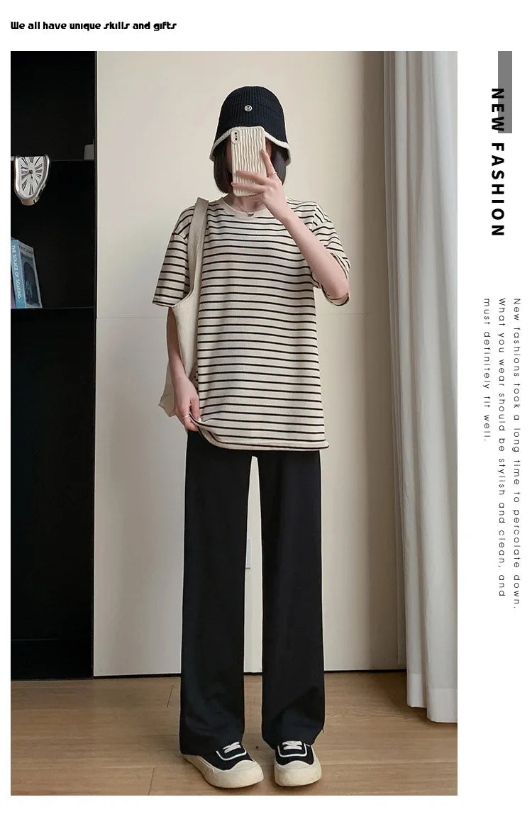 Maternity Clothings Maternity Wide Leg Pregnancy Pants Wear Trousers with Vertical Stripes Clothes for Pregnant Women