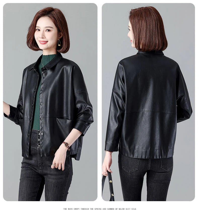 New Women Casual Loose Leather Jacket Spring Autumn Fashion Turn-down Collar Single Breasted Short Leather Motorbike Jacket