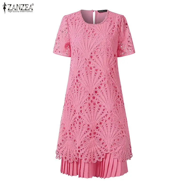 Stylish Women Desses ZANZEA 2025 Summer Lace Patchwork Dress Elegant Party Work Sundress Short Sleeve Pleated Vestidos Midi Robe