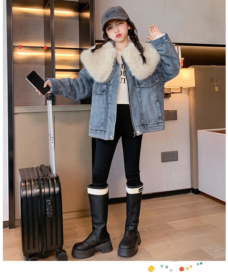 junior girl winter jackets vetement enfant fille Thickened inner rabbit fur denim jacket teenr outerwear kids warm coat overwear