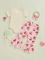 Baby Girl Mother's Day Letter Towel Embroidery Strawberry Pattern Short Sleeve Top Long Pants + Headwear Children's Clothing