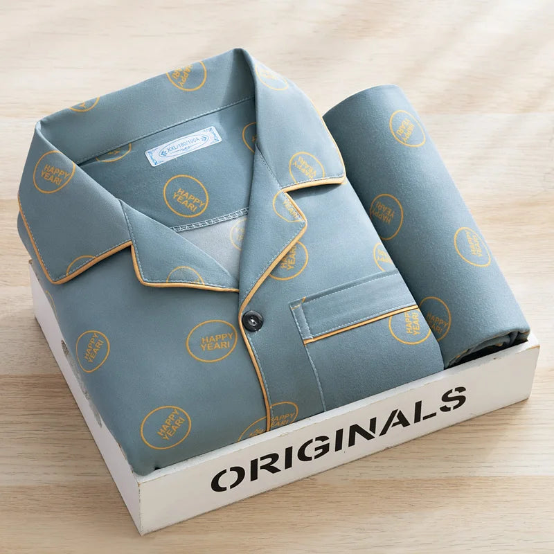 Men's Thin Cotton Pajamas Long Sve Long Pants Two-Piece Set Casual