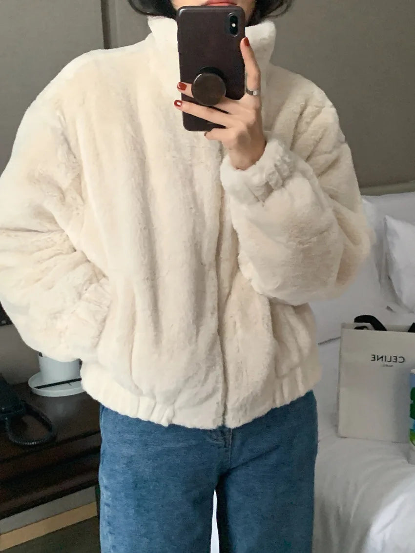 Women Autumn Winter Thicken Warm Coat Stand-Collar Loose Fur Plush Zipper Jacket Soft Comfortable Casual Simple Solid Outerwear