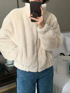 Women Autumn Winter Thicken Warm Coat Stand-Collar Loose Fur Plush Zipper Jacket Soft Comfortable Casual Simple Solid Outerwear