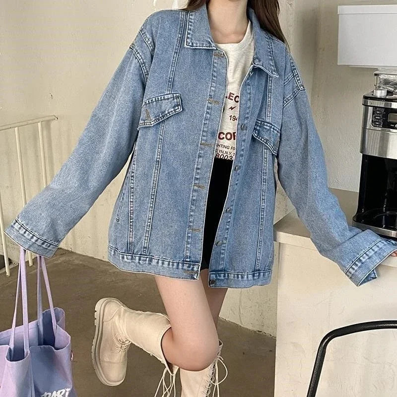 2025 Spring Autumn New Women Denim Jacket Boyfriend Loose Harajuku Design Unique Mid Length Casual All Match Outerwear