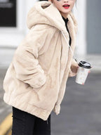 Plush hooded jacket for women mid-length winter new loose plush warm long sleeves plush Short jacket fashion casual coat
