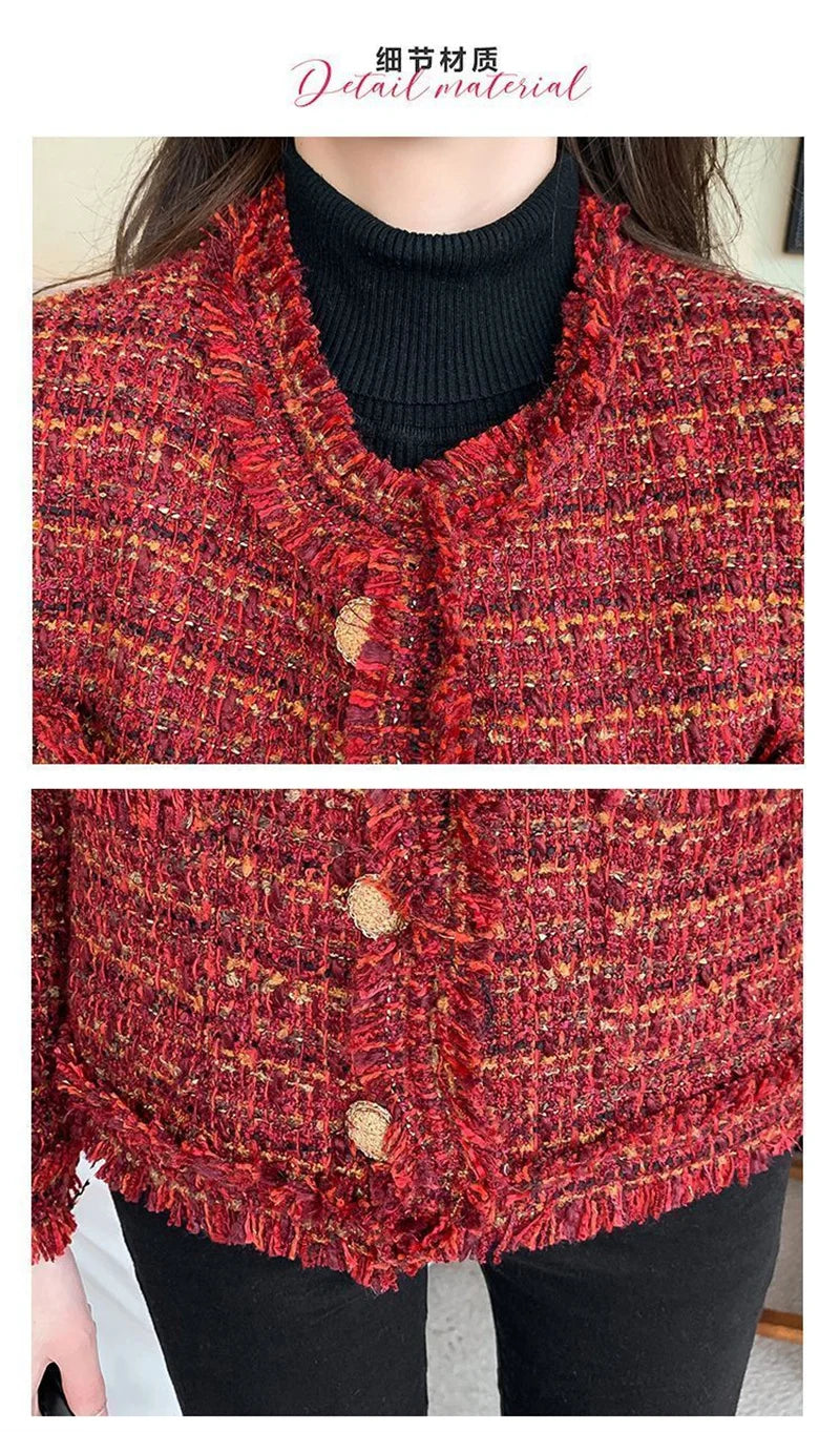 2023 Autumn New French High end Temperament Red Fragrant Coat Women's Short Thick Tweed OutwearFashion Women Slim Thicken Jacket