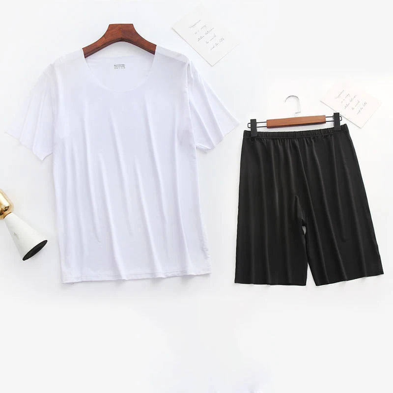 Men Ice Silk Pajamas Solid Shirt & Pants 2Pcs Pijamas Sleep Set Casual Male Home Clothes Summer Pyjamas Sleepwear Nightwear Suit
