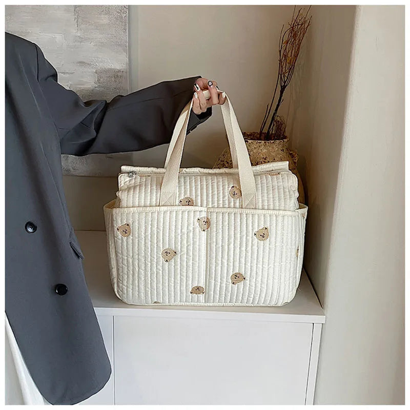 New High-capacity Mummy Bag Embroidered Bear Mother and Baby Handbag Baby Bottle Diaper Portable Baby Stroller Bag