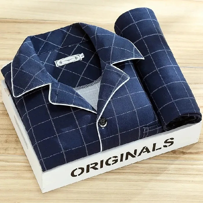 Men's Thin Cotton Pajamas Long Sve Long Pants Two-Piece Set Casual