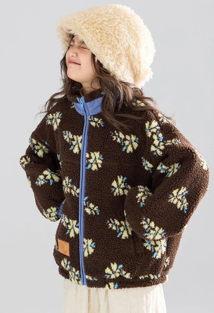 Girl's Winter Coat Floral Jacquard Lamb Fur Thickened Stylish Autumn Winter Toddler Kids Cotton Jacket