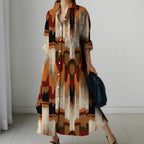 Womens Fashion Retro Splicing Printed Long-sleeved Dresses Fall And Winter Single-breasted Loose Dresses New Lapel Shirt Dresses