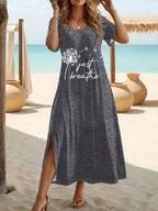 2025 Spring/Summer New Elegant plus size Women's Dress White Dandelion and Butterfly Positioning Printed Bottom Side Fork Spring