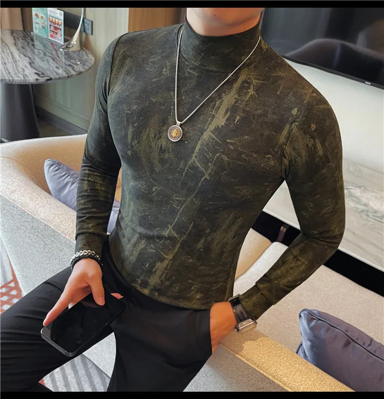 Men Tie-Dye Long-Sleeve T-Shirt | Half-High Collar Base Layer Trendy Versatile Casual Wear 95% Cotton Breathable  Sweat-wicking
