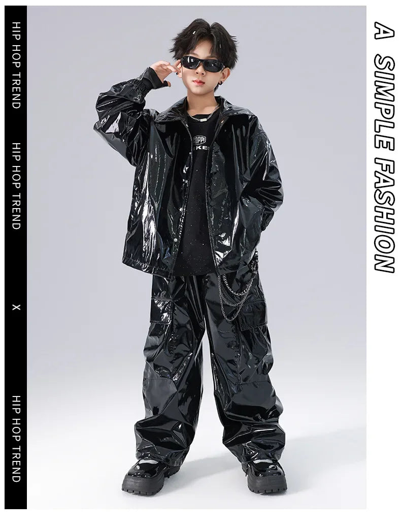 Boys K-pop Fashion Leather Jacket Street Dance Cargo Pants Girl Hip Hop Streetwear Kids Children Jazz Shiny Costume Clothes Sets