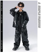Boys K-pop Fashion Leather Jacket Street Dance Cargo Pants Girl Hip Hop Streetwear Kids Children Jazz Shiny Costume Clothes Sets