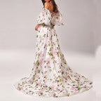 Sexy Strapless Puff Sleeve Bohemian Dress Fashionable Flower Print Bandage Long Dress Elegant Hight Waist Split Evening Dresses