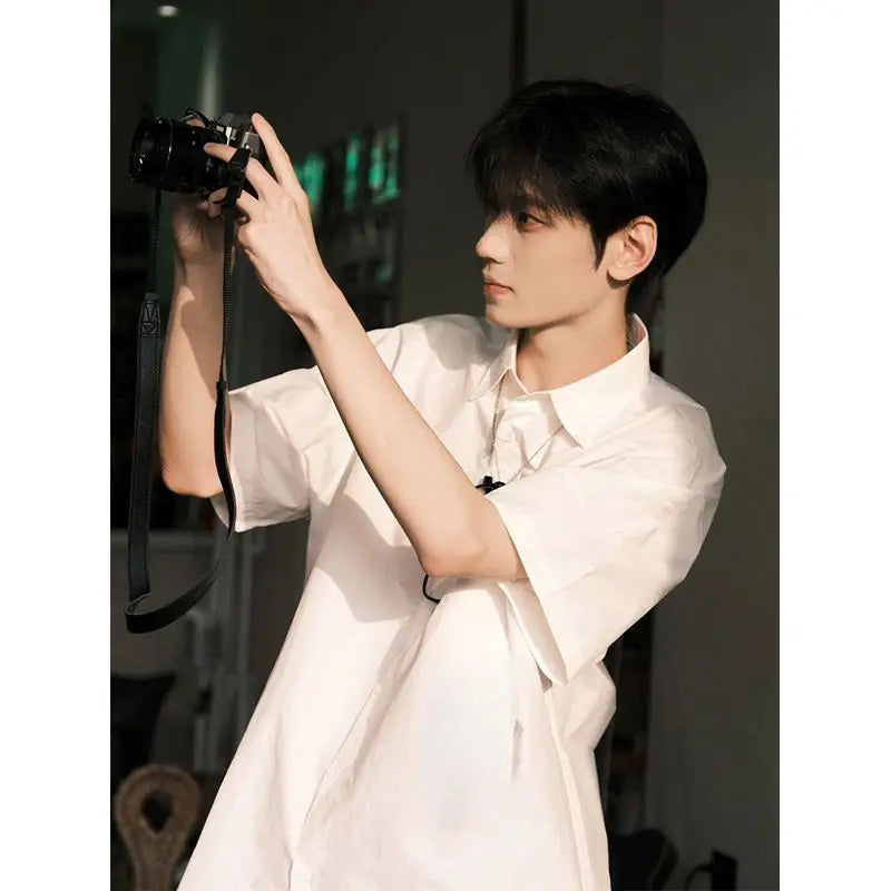 Japanese Short-sleeved Shirt Boy Boy's Stylish Brand Ins Solid Color Casual Summer Thin Retro Loose Shirt Jacket