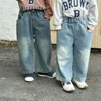 Children Wide Leg Jeans Spring Autumn Boy and Girl Elastic Waist Straight Leg Denim Pants Kids Casual Versatile Trousers A40056