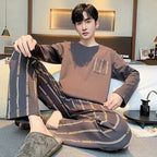 Plus Size Men Pajamas Striped Long Sleeve Long Pants Crew Neck Soft Breathable Teen Student Loungewear Two-Piece Cartoon Letter