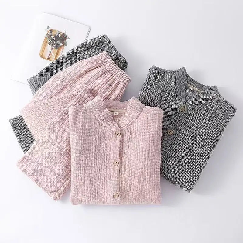 Japanese Style Pure Cotton Pajamas Men Women Breathable Four Layer Gauze Shirt Pants Set Comfortable Leisure Couples Homewear