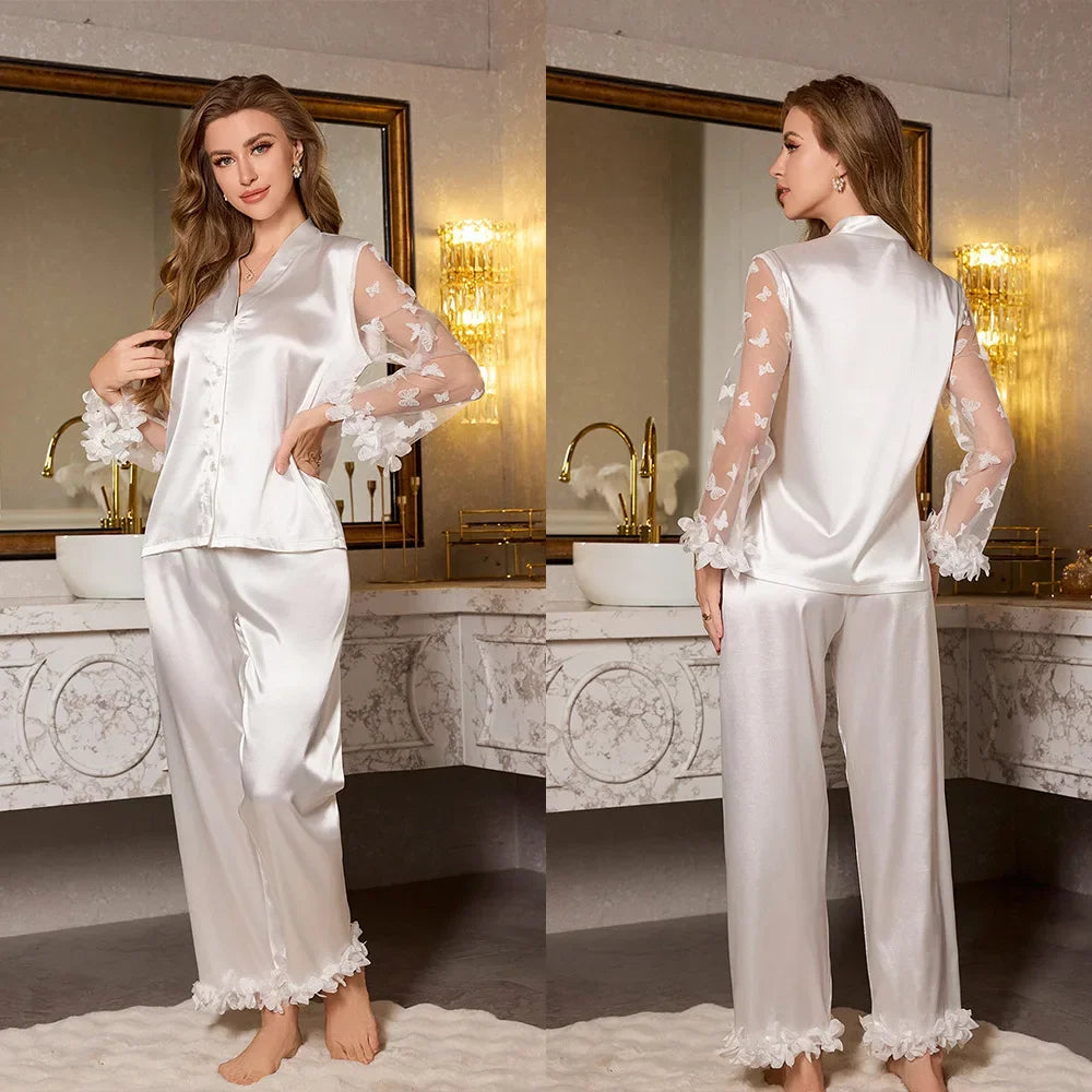 Female Pajamas 2PCS Set Sexy Perspective Lace Long Sleeve Trouser Pijamas Suit Sleepwear Loose Silk Satin Homewear Loungewear