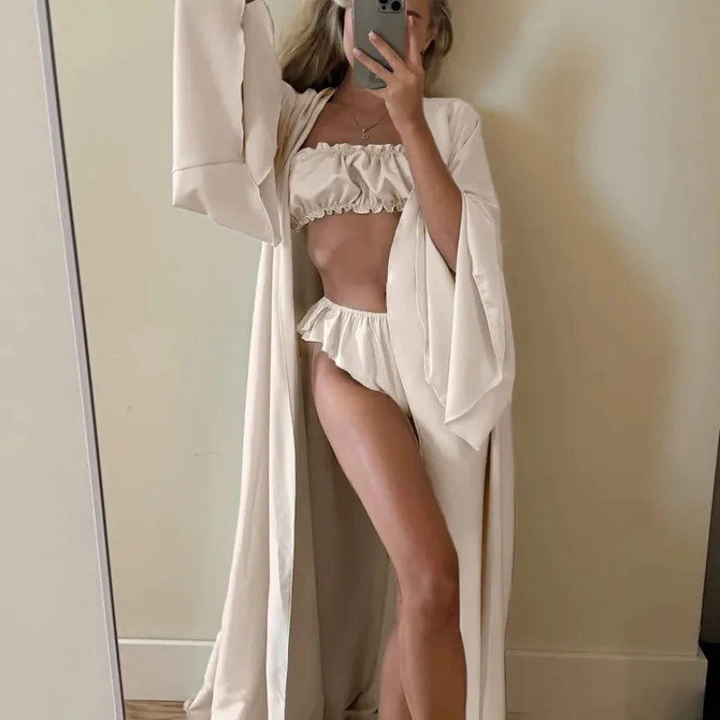 Women Pajamas 3 Piece Set Elegant Long Cardigan Robe + Strapless Tube Top + Shorts Set Loungewear Homewear Household Clothes