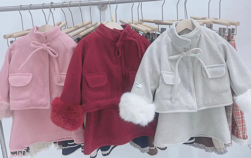 Girl's Set Made of Fabric with Cotton Clip Thickened Woolen Jacket and Dress New Fashion Trend for 2024 Winter Clothing