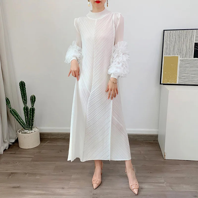YUDX Hot Sales 2024 Summer New Pleated Formal Dresses for Women Mesh Petal Sleeve Solid Evening Party Long Maxi Dresses
