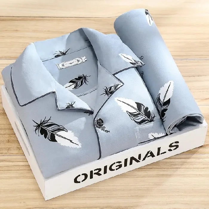Men's Thin Cotton Pajamas Long Sve Long Pants Two-Piece Set Casual