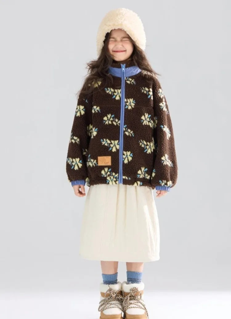 Girl's Winter Coat Floral Jacquard Lamb Fur Thickened Stylish Autumn Winter Toddler Kids Cotton Jacket