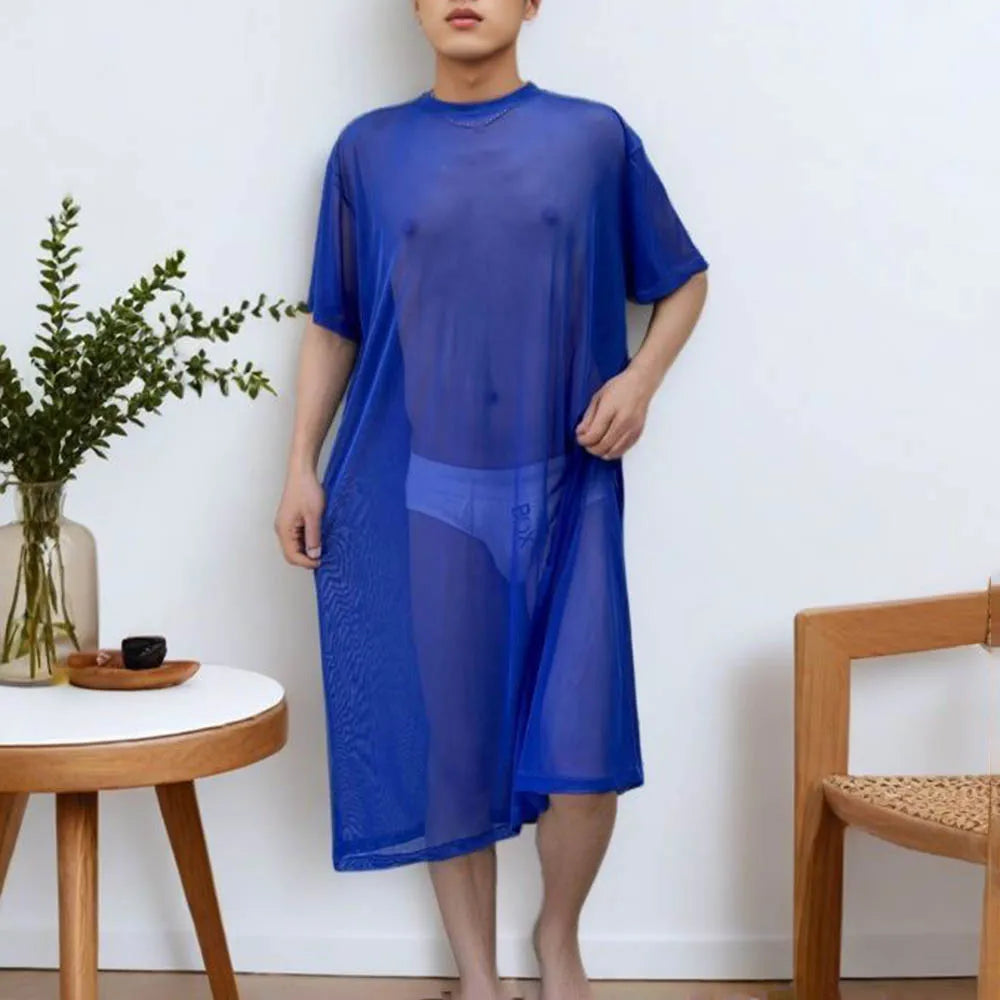 Men's Solid Color Mesh Transparent Short-Sleeved Robe Sexy Retro Fashion Trend Loose Casual Breathable Summer New Men's Tops