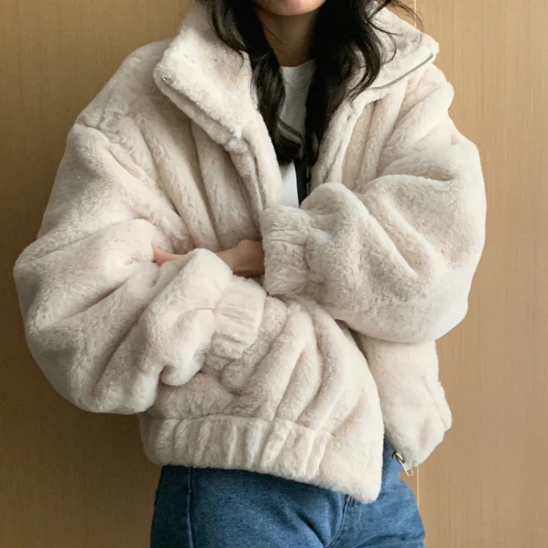 Women Autumn Winter Thicken Warm Coat Stand-Collar Loose Fur Plush Zipper Jacket Soft Comfortable Casual Simple Solid Outerwear